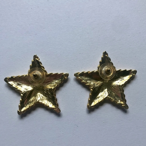 Vintage Pierced Earrings Gold Black Stars - Picture 2 of 2